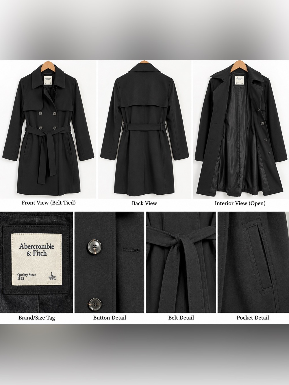 Abercrombie & Fitch Women's Black Trench Coat Size L VINTAGE
